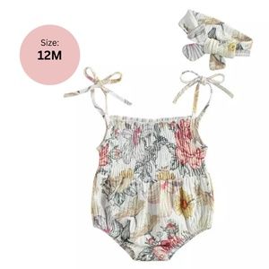 12M FLORAL BABY GIRL COTTON ONE PIECE SET WITH HEADBAND